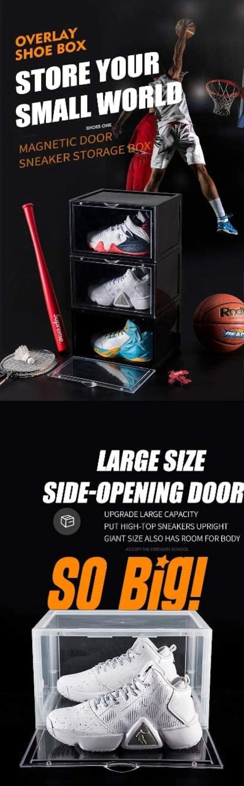 1CHASE&reg; Shoe Storage Box (6 Box Set) Black, Side Open High Quality storage Organizer Boxes,Stores Shoes Size up to UK 46