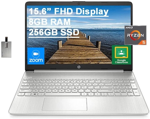 HP 2021 15.6&quot; FHD Laptop, AMD Ryzen 5-5500U Processor (Beats Intel i7-1065G7), 8GB RAM, 256GB PCIe SSD, AMD Radeon Graphics, HD Webcam, HDMI, Bluetooth, Wi-Fi, Windows 10, Silver, 32GB USB Card