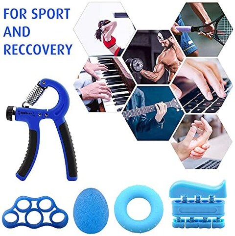 ULTIMAX Hand Grip Strengthener Set 6 PCS Strengthener Kit with Storage Pouch Hand Finger Exerciser Adjustable Hand Gripper 5 Finger Stretcher Hand Therapy Ball Grip Exercise Ring-Blue