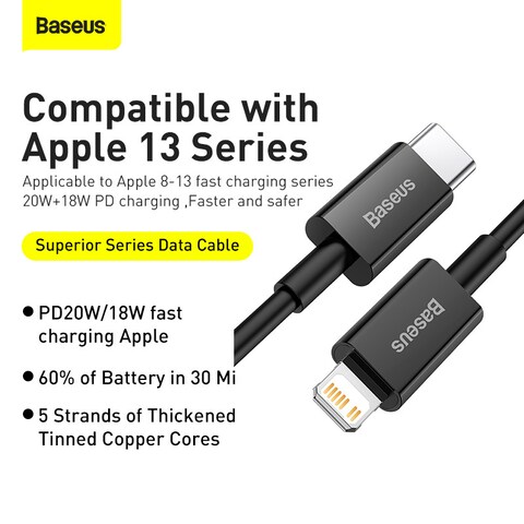 Baseus Superior Series PD 20W USB C to Lightning Fast Charging Cable, High-Speed 480Mbps Data Transfer Cable Compatible with iPhone 14 13 12 11 Pro Max XS XR X 8 7 6, iPad, AirPods & More (1M) – Black