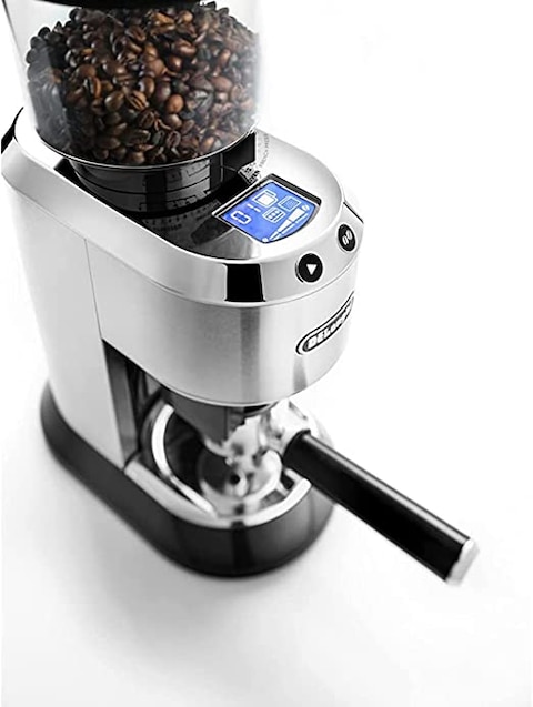 De&#39;Longhi Dedica Pump Style Coffee Grinder With Large Bean Hoper , Burr Grinding System 14 Cups Capacity , KG521.M , Metalic