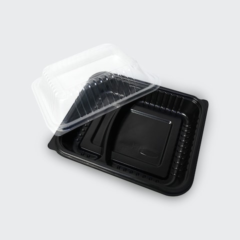 COSMOPLAST 50PCS DARK MEAL TRAY WITH LID 2 COMPARTMENT (PACK OF 5) 5x10