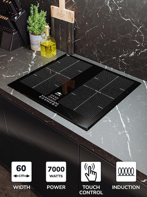 MIILLEN Built in Induction hob, 60 cm Black Glass, 4 Heating Zones, 7000W, Combination zone, MIH 602 BL, 3 Year Warranty