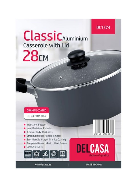 Delcasa Aluminum Casserole With Lid Black/Clear 24centimeter