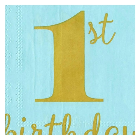 Amscan First Birthday Boy Beverage Napkin Blue And Gold 16 Pieces