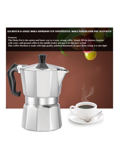 Generic 8-Angle Continental Moka Percolator Pot Silver/Black 8X8X15.5cm