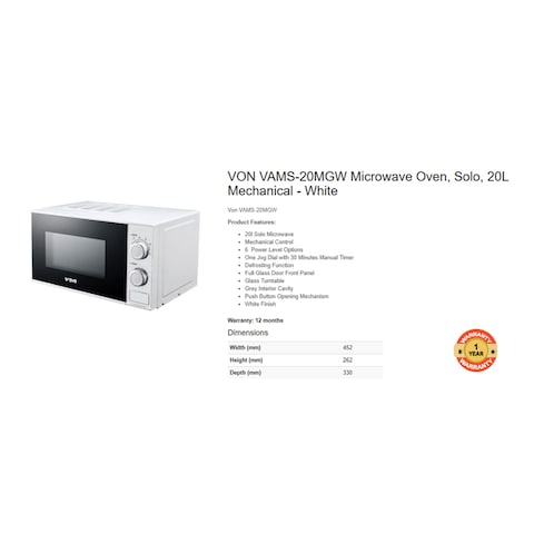 VON VAMS 20MGW Solo Microwave Oven 20L White