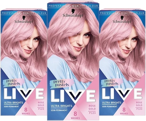 Schwarzkopf Live Pretty Pastels Pink Gold Hair Dye, Pack Of 3, Semi-Permanent Colour Last Up To 8 Washes- P123 Rose Gold