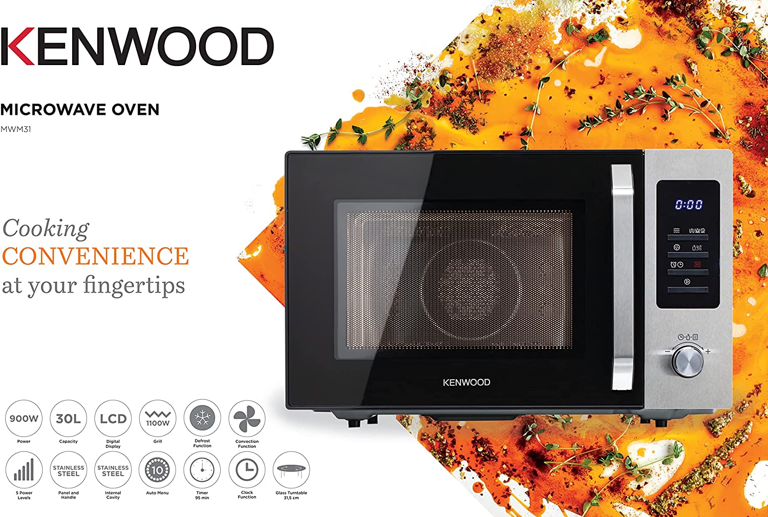 Kenwood 30L Microwave Oven with Grill, Convection, Digital Display, 5 Power Levels, Defrost Function, Stainless Steel, Auto Menu, 95 Minutes Timer, Clock Function 900W MWM31.000BK Black/Silver
