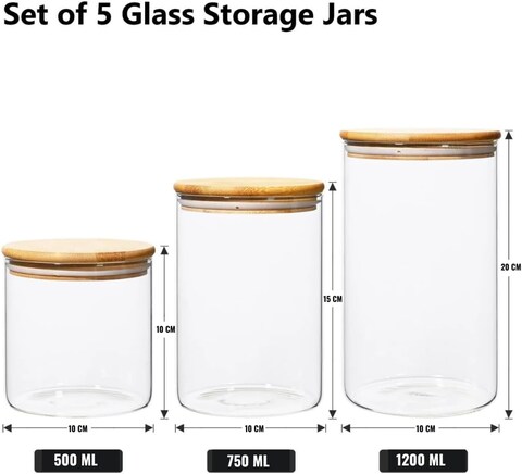 1CHASE Borosilicate Glass Jars With Bamboo Lids, Glass Food Storage Jars With Wood Lids For Pantry-5 Pcs Set (1200ml/ 750ml/ 500ml)