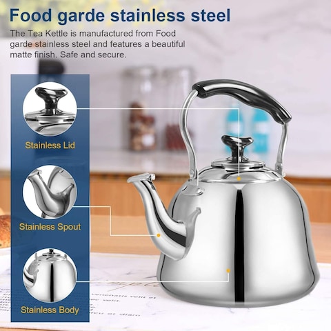 HTH Whistling Tea Kettle Stovetop, Stainless Steel, Mirror Finish, 3L