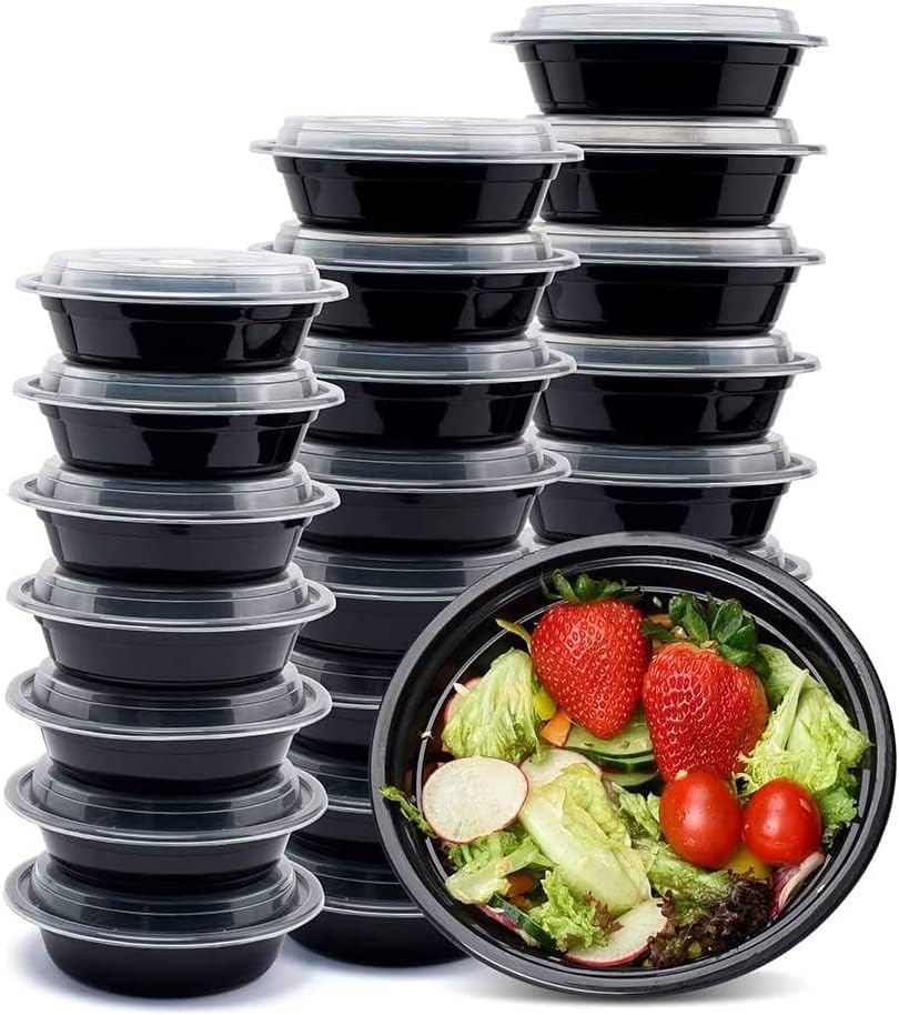 Go2Camps Alsaqer [10 Pack] Compartment Round Black Base With Lids Food Storage Container(32 Oz) Ro32, Disposable Food Container, Meal Containers, Lunch Boxes Microwave, Freezer Safe (1 - Compartment)