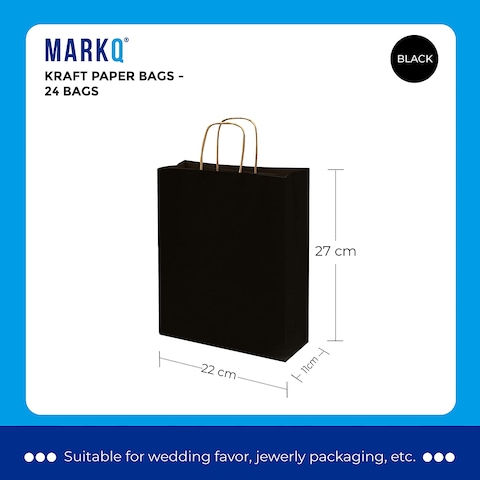 Markq Black Paper bags with handles 27 x 22 x 11 cm Large Kraft Gift bags for Birthday Party Favors, Weddings, Retail, Baby Shower (12 Bags)