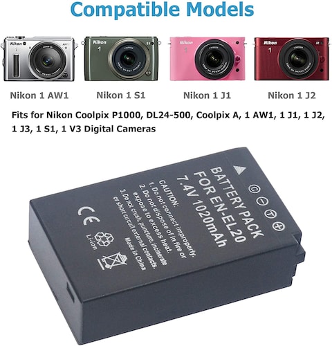 DMK Power ENEL20, EN-EL20a (1020mAh) Battery Compatible with Nikon Coolpix P1000, DL24-500, Coolpix A, 1 AW1, 1 J1, 1 J2, 1 J3, 1 S1, 1 V3 Digital Camera