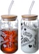 1CHASE Borosilicate Positive Quote Printed Drinking Glasses With Bamboo Lid And Glass Straw And Cleaning Brush 550ml, Mason Jar, Can Shaped Tumblers - Set Of 2