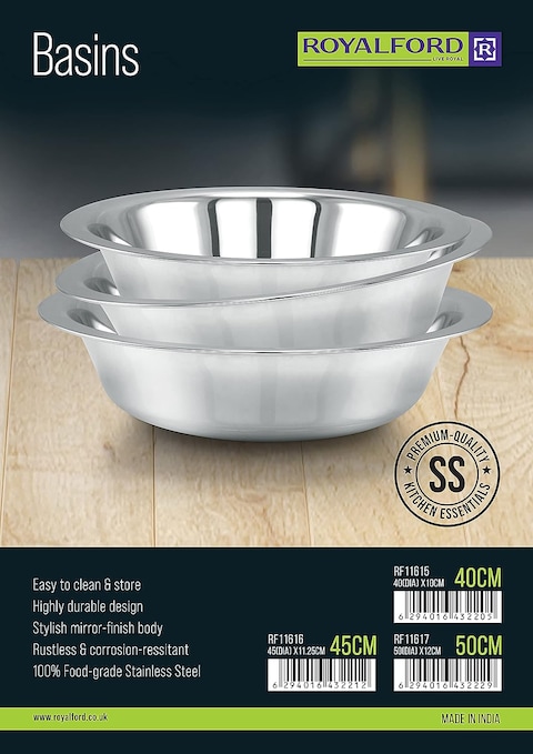 Royalford 50 Cm Round Stainless Steel Basin- Rf11617, Multi-Purpose Utility Basin With Mirror-Finish Design, Silver