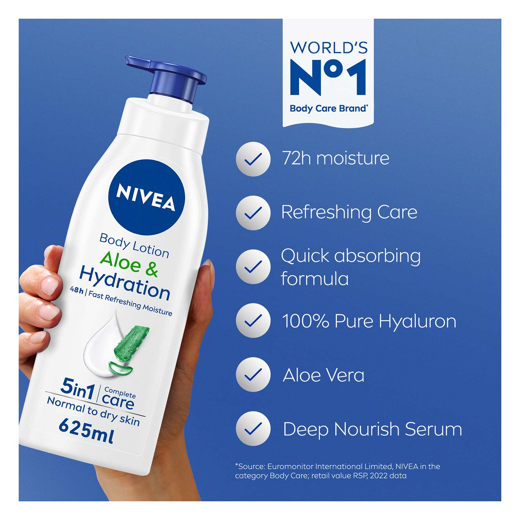 NIVEA Body Lotion Moisturizer for Normal to Dry Skin, 48h Moisture Care, Soothing Aloe Vera Hydration, 625ml