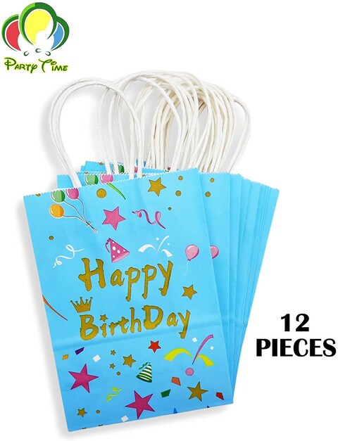 Party Time 12pcs Blue Happy Birthday Kraft Bags for Blue Theme Party Supplies, Birthday Gift Bags, Souvenier Bags, Candy Bags with Handle for Party Favors - Birthday Party Supplies