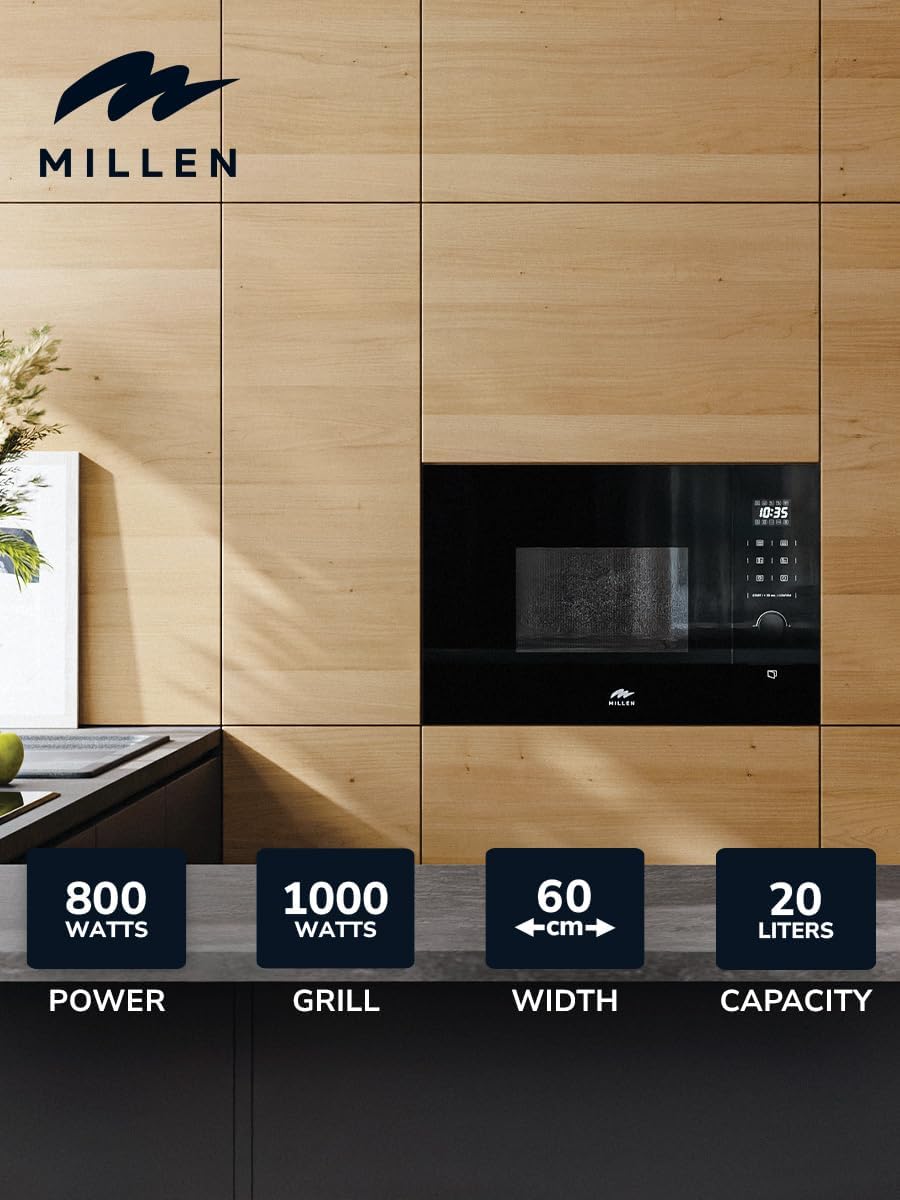 MILLEN Microwave Oven, 20L, 3 Y Warranty, Glass Finish, Touchscreen &amp; Knob Controls, 800W Microwave Power, 1000W Grill Power, 8 Automatic Programs, MBW 381 BL