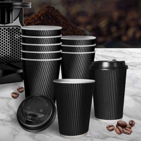 YESOCEA [50 مجموعة] 12 أوقية. فناجين قهوة سوداء للاستعمال مرة واحدة مع أغطية - أكواب ورقية ثلاثية تموج الساخنة للشاي والمشروبات للذهاب