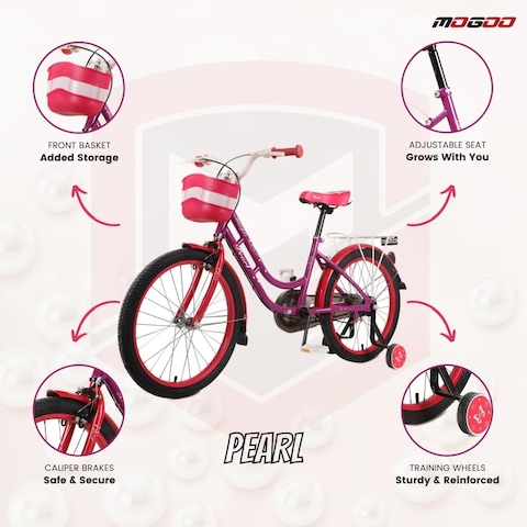 Mogoo Pearl Kids Road Bike With Basket For 4-10 Years Old Girls, Adjustable Seat, Handbrake, Mudguards, Reflectors, Rear Carrier, Gift For Kids, 16/20 Inch Bicycle With Training Wheels