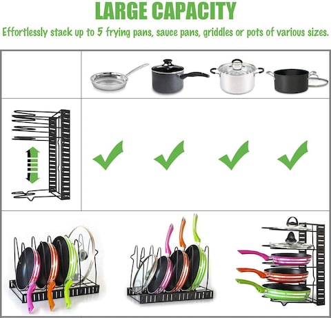 Doreen Expandable Pan Rack Organizer with Knife Holder,7+Adjustable Pot Lid Holders Bakeware Rack,Kitchen Cookware Pantry Cabinet Storage Rack with 7 Expandable Adjustable Dividers (Black)