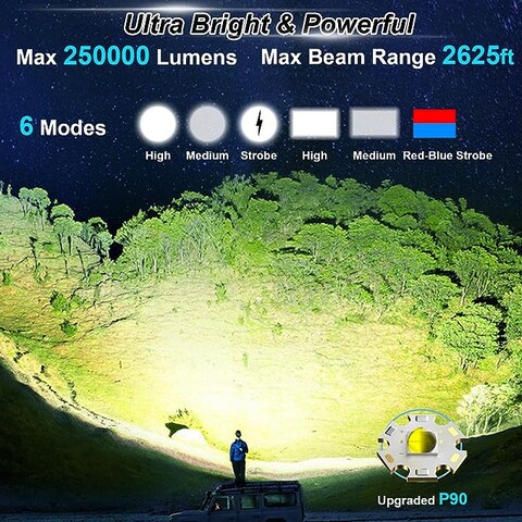 Handheld Flashlight with Solar Charging 1700 Lumens Super Bright LED Spot Lights with 4 Color Options Included and 6 Modes Large Searchlight with COB Light and IPX5 Waterproof for Camping and Hunting