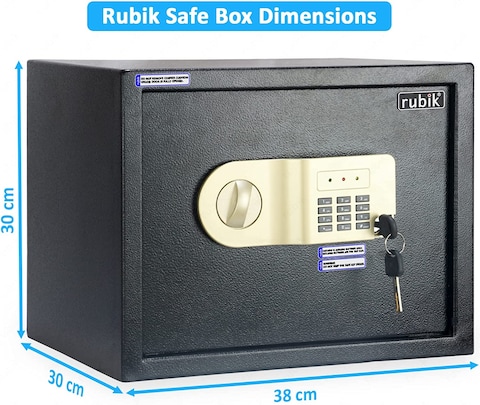 Rubik Large Safe Box A4 Documents Size For Home Office With Key And Pin Code Keypad For Cash Documents Jewelry Passports, RB30AJ, (38X30X30Cm) Black