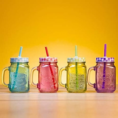 Mason Jars 4 pcs sett,Canning Jars with Sealed and Straw Lid, Ideal for Juice, Jam, Honey and Mojito, Wedding Favors, Shower Favors, Baby Foods