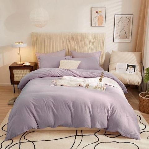 Luna Home Washable Cotton 6 Piece King Size Duvet Cover Plain Design, Plain Lavender Color