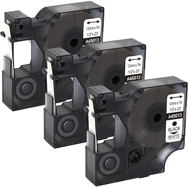 SKY 3-Pcs Compatible 12 mm x 7 meter - 1/2 inch x 23 feet Black on White Dymo D1 Label Tape