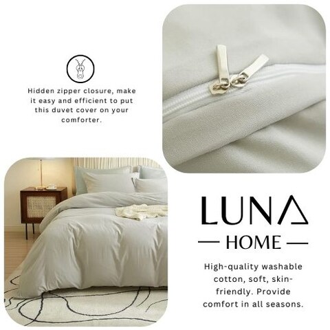 Luna Home Washable Cotton 6 Piece King Size Duvet Cover Plain Design, Plain Light Gray Color