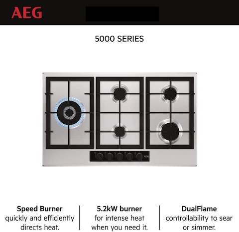AEG Gas Hob Built-In, 90cm, 5 Burner, Stainless Steel, HGB95520YM, Made In Italy (1 Year Warranty)