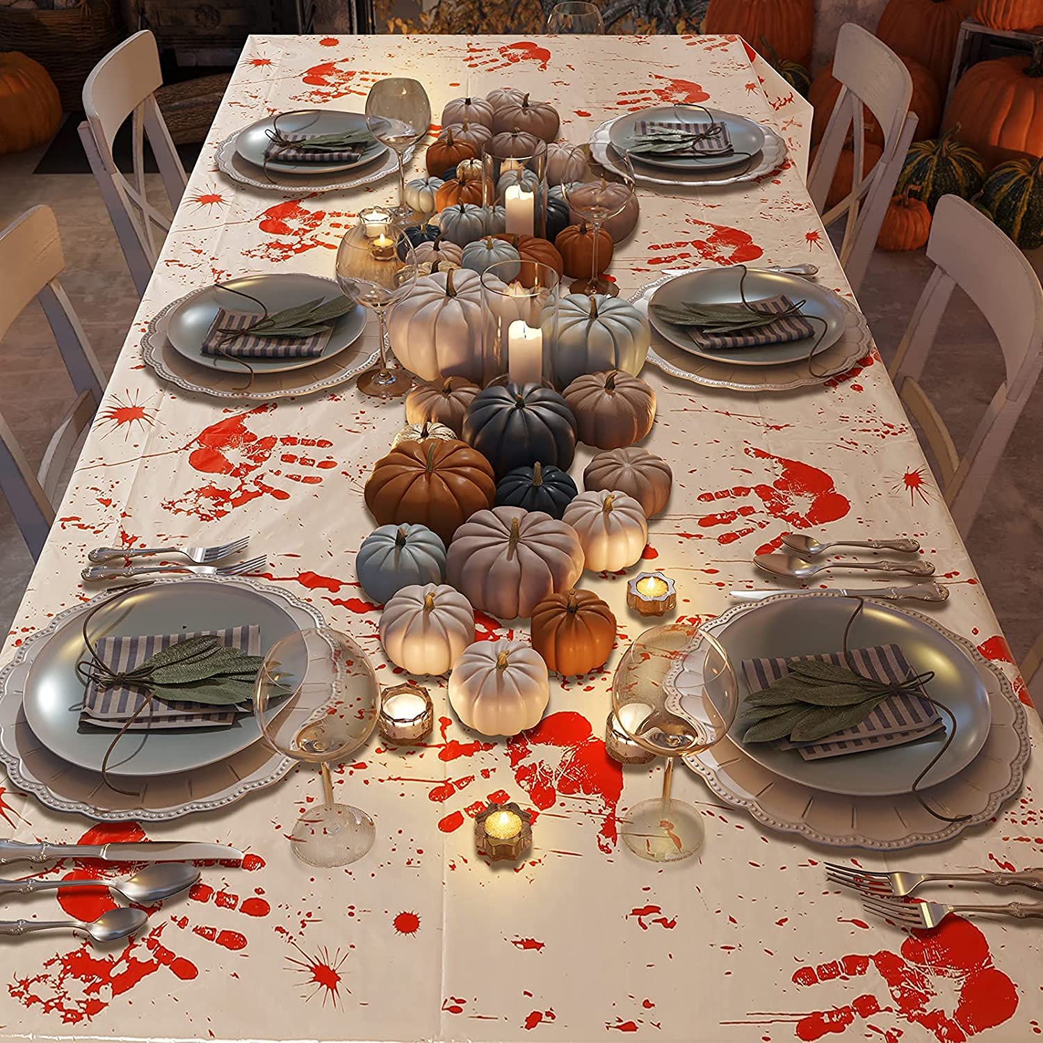 Uaejj Halloween Decorations, Scary Party Decoration Set, Bloody Halloween Party Supplies Include Bloody Handprint Stickers Banner Bloody Tablecloth, (B-Tablecloth)