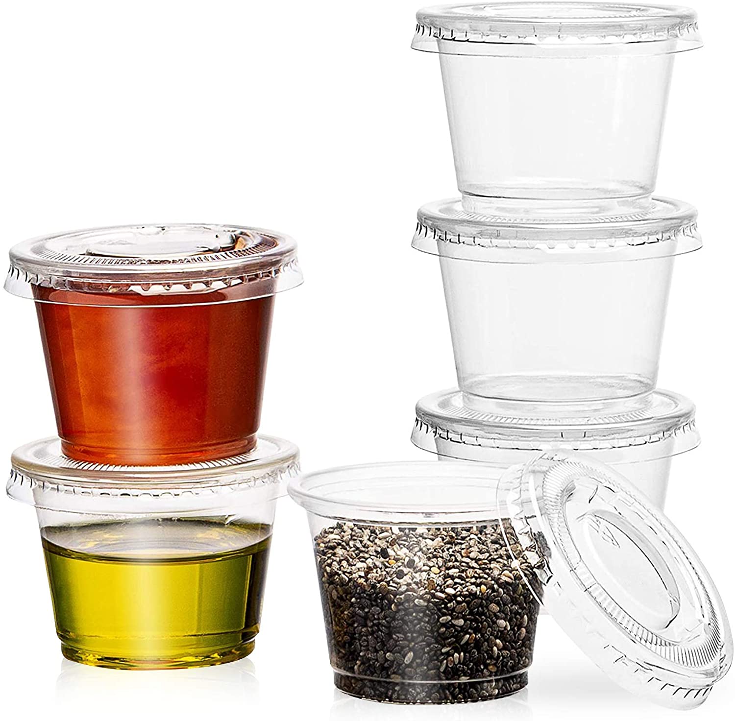 Markq [100 Pack] 1 oz. Clear Plastic Disposable Portion Cups with Lids - Available in 2oz, 4oz- Condiment cups, Sauce and Dip Container