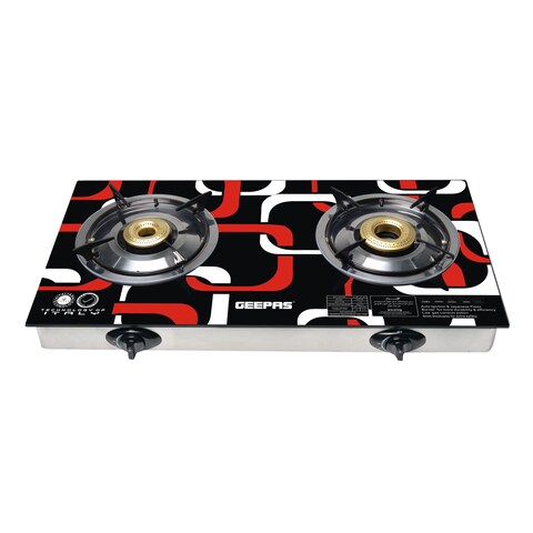 Geepas 2-Burner Gas Hob, Size 70 mm &amp; 90 mm, Attractive Design, 8mm Tempered Glass Worktop, Automatic Ignition, 2 Heating Zones, 2 Years Warranty