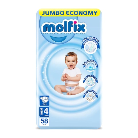 Molfix Baby Diapers 4 Maxi, 7-18 kg - 58 Diapers