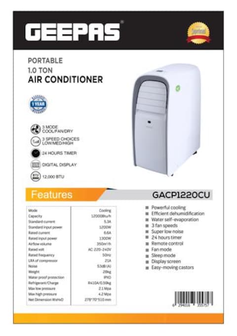 Geepas GACP1220CU Portable 1.0 ton Air conditioner   1200W  Powerful Cooling Air Conditioner with 3 Speed &amp; 3 Modes