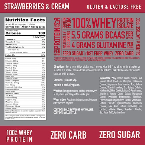 Isopure Zero Carb Protein Powder, 100% Whey Protein Isolate, Gluten Free / Lactose Free, Keto Friendly, Flavor: Strawberries &amp; Cream, 3 Pounds