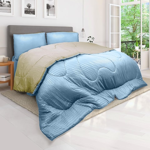Hotel Linen Klub Reversible Down Alternative Comforter Set, Ultra Soft Brushed Stripe Microfiber Fabric, 200GSM Soft Fibersheet Filling, Size: Single 160 x 200cm, Aqua &amp; Olive Green