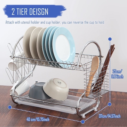 Aoguzhao 2 Tier Stainless Steel Dish Rack Metal Dish Drainer With Removable Drain Board And Utensil Holder Cup Holder Dish Drainer For Kitchen Counter Top