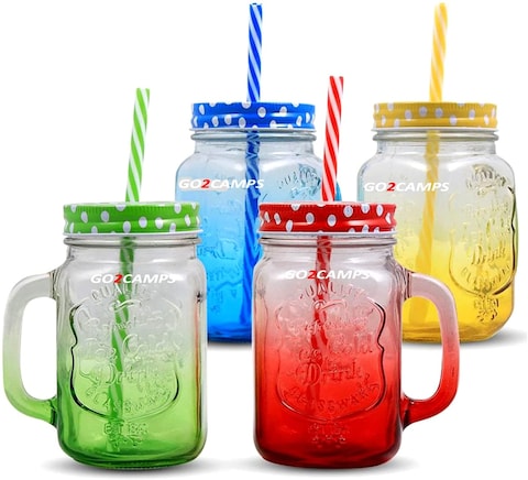 Mason Jars 4 pcs sett,Canning Jars with Sealed and Straw Lid, Ideal for Juice, Jam, Honey and Mojito, Wedding Favors, Shower Favors, Baby Foods