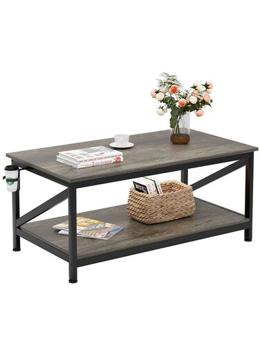 Sky-Touch Coffee Table With Storage Shelf, Modern Central Table With 2 Tier Shelves, Black Metal Table Legs, Wooden Table Top And Metal Frame, Industrial Wooden Coffee Table