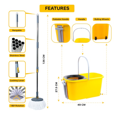 Esqube Classic Spin Mop Yellow Bucket Set with Pull Handle, Wheels