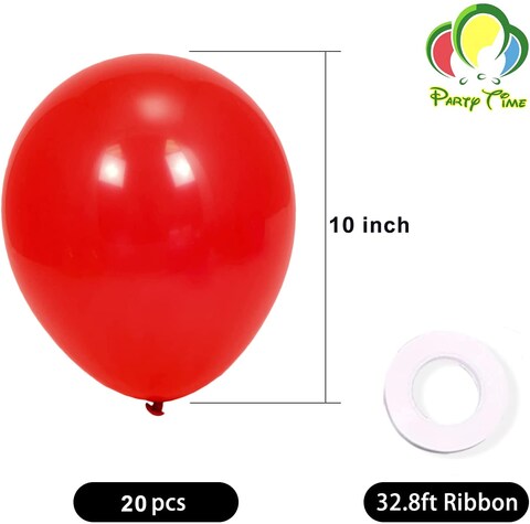 Party Time 20-Pieces 10 inches Standard Red Balloons, Latex Balloons For Baby Shower, Bridal Shower, Valentine&#39;s Day, Wedding Decor &amp; Birthday Party Decoration - Party Supplies