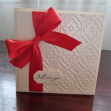Embossed Valentines / Anniversary card with Red satin ribbon
