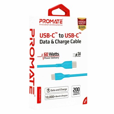 Promate Power Beam Data Sync And Charging USB Type-C To USB Type-C Cable 2m Blue
