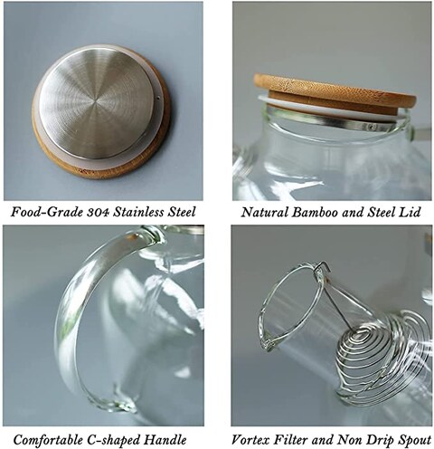 Glass Water Pitcher with Bamboo Lid,Borosilicate Glass Teapot for Hot/Cold Water，Glass Water Kettle Drinkware Jugs Carafes for Tea Tea Coffee Juice，Stovetop & Fridge Safe (1600ml/56 oz)