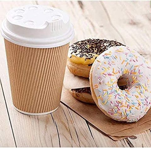 Marrkhor Disposable Ripple Cup Brown 8Oz With Lid - Kraft Hot Tea, Coffee, Kahwa, Hot Drinks &amp; Natural Brown - 30 Pieces
