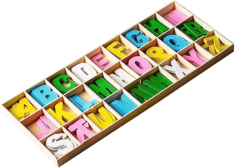 Creative Wooden Craft Letters with Wood Storage Tray Set,Natural Blank Unfinished Wooden Alphabet Letters for Kids Learning Gift,Home Decoration ( Multicolour)